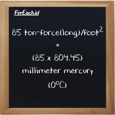 How to convert ton-force(long)/foot<sup>2</sup> to millimeter mercury (0<sup>o</sup>C): 85 ton-force(long)/foot<sup>2</sup> (LT f/ft<sup>2</sup>) is equivalent to 85 times 804.45 millimeter mercury (0<sup>o</sup>C) (mmHg)